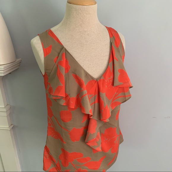 LOFT coral & tan ruffle front top / camisole, v-neck front and ribbon tie back - Picture 5 of 6